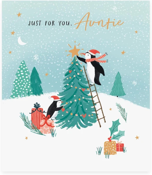 Penguin and Tree Design Auntie Christmas Card