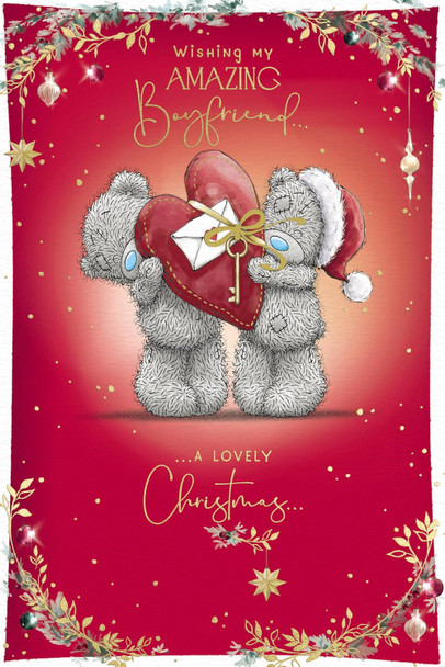 Bear Holding a Large Red Heart Shaped Present Amazing Boyfriend Christmas Card