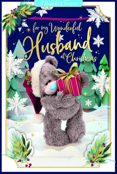 Bear Holding Gift Wonderful Husband 3D Christmas Keepsake Card