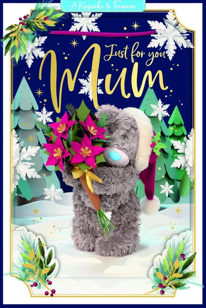 Bear Holding Poinsettia Bouquet Mum 3D Christmas Keepsake Card