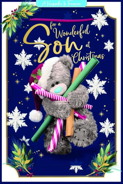 Bear With Wrapping Paper Wonderful Son 3D Christmas Keepsake Card