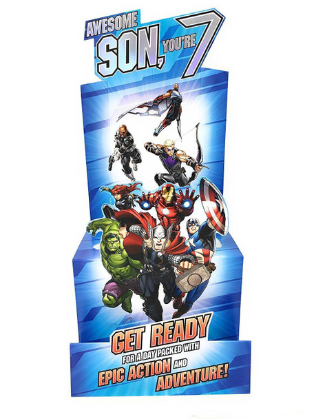 Age 7 Son Avengers Stand Up 3D Birthday Card