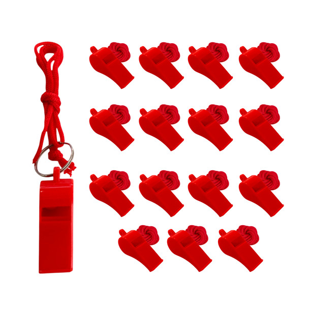 Pack of 15 Red Plastic Whistles with Lanyard Neck Cord