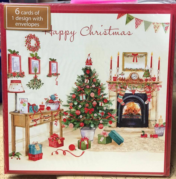Pack of 6 'Traditional Fire & Stockings' Design Christmas Cards