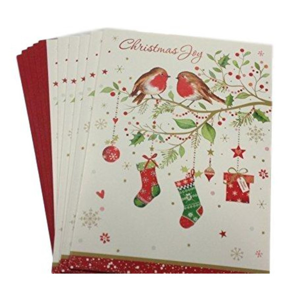 Pack of 6 'Tree Robins & Present' Design Christmas Cards