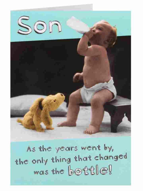 Son Baby Drinking Milk Bottle Humour Birthday Greeting Card New