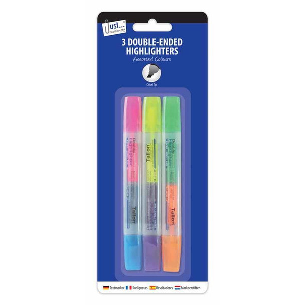 Just Stationery Double Ended Highlighter - Assorted Colours (Pack of 3)