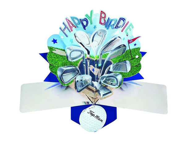 Second Nature Pop Ups Birthday Pop Up Card with "Happy Birdie" Lettering and Golf Clubs