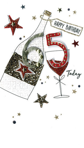 Wine Bottle & Glass 65th Birthday Card Hand-Finished Champagne Range