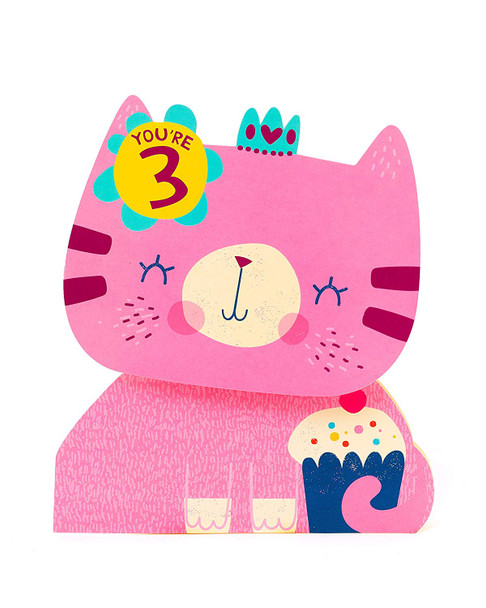 3 Year Old Cute Pink Kitten Card with Badge