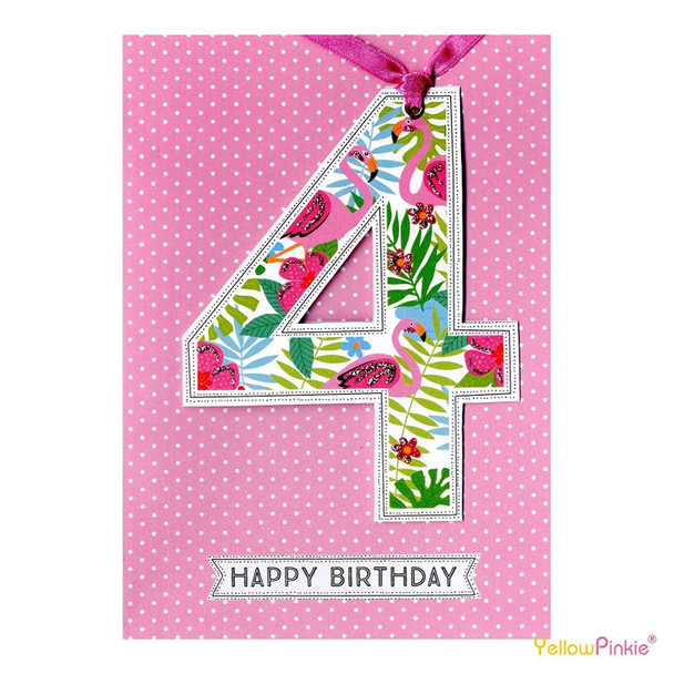 CHILDRENS BIRTHDAY AGE CARDS PINK, CUPCAKE, SWEETIES, LOLLIPOP, FLOWERS (Girl Age 4 - Flamingos’)