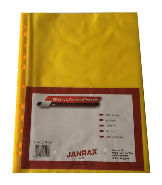 Pack of 250 A4 Yellow Clear Punched Pockets by Janrax