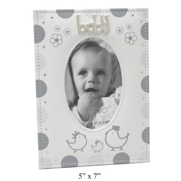 Baby Photo Frame Grey & White with Chickens & Crystals 5" x 7" - CG911