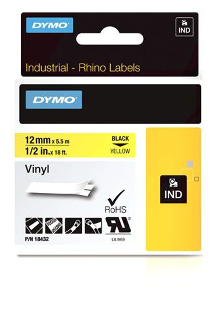 RHINO  18432 "Vinyl Label, Black on Yellow, 1/2"" (18432)