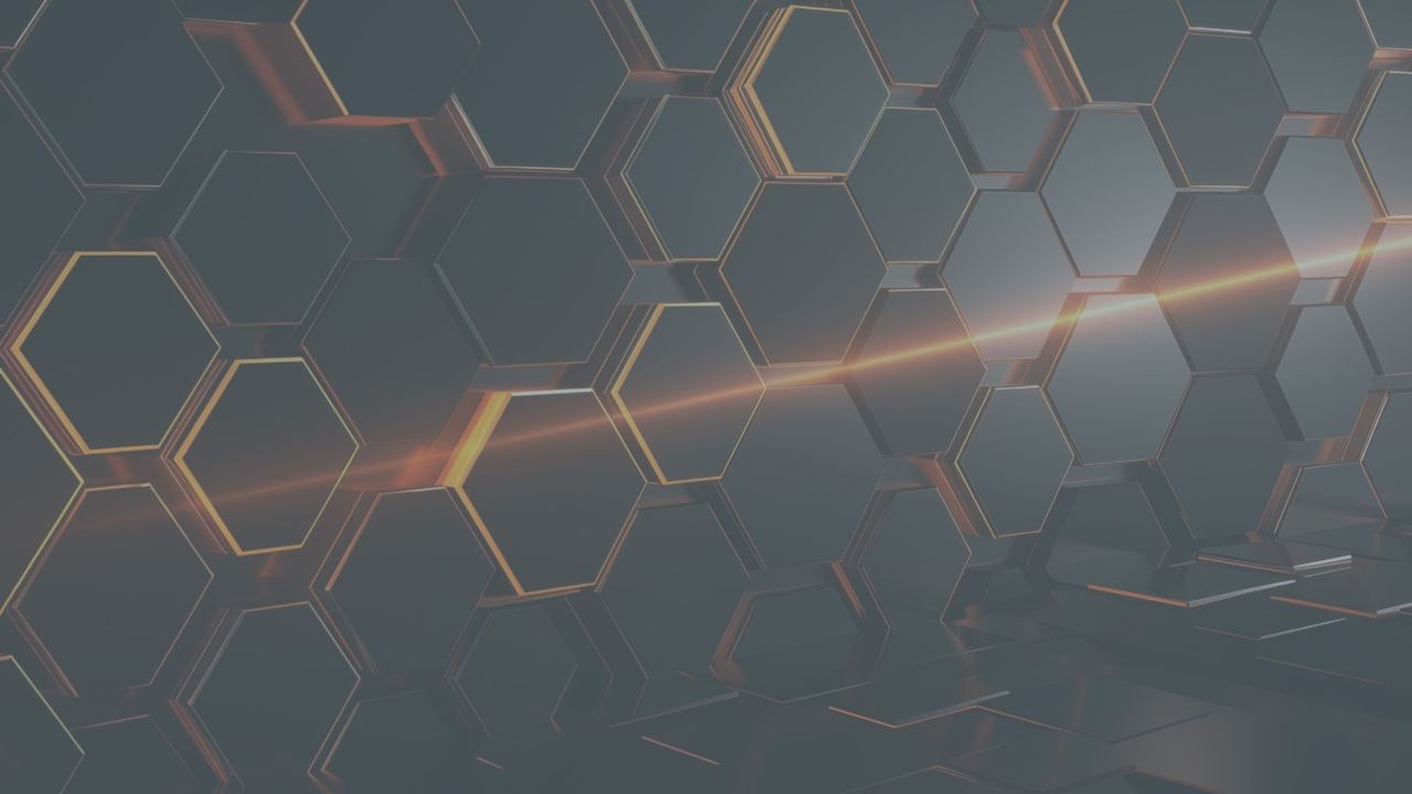 Futuristic background featuring a pattern of metallic hexagons with a dark gray and copper color palette. A glowing orange light beam cuts diagonally across the center, adding depth and a sense of motion to the geometric grid design. Futuristic background featuring a pattern of metallic hexagons with a dark gray and copper color palette. A glowing orange light beam cuts diagonally across the center, adding depth and a sense of motion to the geometric grid design.