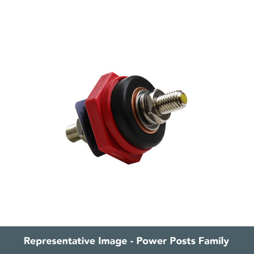 Representative VTE power bushing with threaded electrical terminals and red insulating base