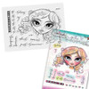 Believe in Angels Forever Angel – 3D Mixed Media Craft kit - Stamps, stencil & MDF BUNDLE, artistic illustration of a girl with large expressive eyes, colorful background, and crafting stamps for creating mixed media art projects.