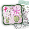 Mixed Flowers mega bundle - clear Stamps, Stencils, Switchables, Chipboard card making craft bundle, featuring a handcrafted floral card with a pink flower in a green vase and craft stamping supplies.