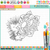 Black and white digital stamp of a cute hedgehog carrying a large bouquet of sunflowers, flowers, berries and leaves from the Polkadoodles Hello Autumn collection.