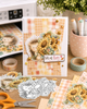 Pre-coloured digital image of a cute hedgehog carrying a large bouquet of yellow sunflowers, flowers, berries and soft green foliage in a delicate watercolour style from the Polkadoodles Hello Autumn collection.