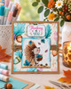 Black and white printable digital stamp of a cute hedgehog holding a bowl of acorns and Fall leaves, surrounded by falling leaves and acorns from the Polkadoodles Hello Autumn collection.