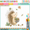 Pre-coloured printable clipart of a cute woodland hedgehog holding a bowl filled with acorns and Fall leaves, surrounded by softly coloured falling Autumn leaves and acorns in a delicate watercolour style.