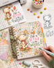 Cute bear falling leaves black and white digital stamp, Fall Autumn woodland bear printable colouring image with scarf and acorn for card making, scrapbooking and paper crafts.