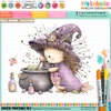 Cute hedgehog witch Halloween pre-coloured clipart with purple witch hat, magic bubbling cauldron, potion bottles and Fall leaves, Autumn woodland printable for card making, scrapbooking and paper crafts.