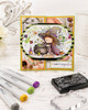 Cute hedgehog witch Halloween pre-coloured clipart with purple witch hat, magic bubbling cauldron, potion bottles and Fall leaves, Autumn woodland printable for card making, scrapbooking and paper crafts.