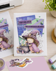 Cute hedgehog witch Halloween pre-coloured clipart with purple witch hat, magic bubbling cauldron, potion bottles and Fall leaves, Autumn woodland printable for card making, scrapbooking and paper crafts.