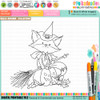 Cute fox witch pumpkin Halloween black and white digital stamp with witch hat, broomstick, jack-o'-lantern and Fall leaves, Autumn woodland printable for card making, colouring, scrapbooking and paper crafts.