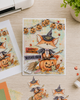 Cute fox witch pumpkin Halloween black and white digital stamp with witch hat, broomstick, jack-o'-lantern and Fall leaves, Autumn woodland printable for card making, colouring, scrapbooking and paper crafts.