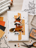 Cute fox witch pumpkin Halloween black and white digital stamp with witch hat, broomstick, jack-o'-lantern and Fall leaves, Autumn woodland printable for card making, colouring, scrapbooking and paper crafts.