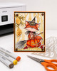 Cute fox witch pumpkin Halloween black and white digital stamp with witch hat, broomstick, jack-o'-lantern and Fall leaves, Autumn woodland printable for card making, colouring, scrapbooking and paper crafts.