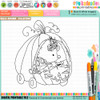 Cute bear and mouse pumpkin car Halloween black and white digital stamp featuring woodland animals riding in a jack-o'-lantern pumpkin vehicle with bat steering wheel, hanging dice and pumpkin wheels.