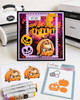 Cute bear and mouse pumpkin car Halloween black and white digital stamp featuring woodland animals riding in a jack-o'-lantern pumpkin vehicle with bat steering wheel, hanging dice and pumpkin wheels.