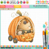 Cute bear and mouse pumpkin car Halloween pre-coloured clipart featuring woodland animals riding in an orange jack-o'-lantern pumpkin vehicle with glowing lights, bat steering wheel, hanging dice and pumpkin wheels.