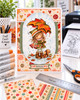 Autumn/Fall cute girl illustration under a colourful leafy umbrella in the rain with squirrel, precoloured image and color clipart for card making craft, junk journals, digi scrapbooking, stationery and planner printables – vorgefärbte Clipart, voorgekleurde clipart