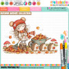 Autumn/Fall cute girl illustration raking colourful leaves with three hedgehogs, wheelbarrow and toadstools, precoloured image and color clipart for card making craft, junk journals, digi scrapbooking, stationery and planner printables – vorgefärbte Clipart, voorgekleurde clipart