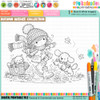 Autumn/Fall cute girl drawing jumping in puddles with wellies, dog and cat in basket, black and white digital stamp for card making craft, coloring, junk journal images, digi scrapbooking and planner printables – digitale Stempel, digitale stempels