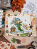 Autumn/Fall cute girl drawing jumping in puddles with wellies, dog and cat in basket, black and white digital stamp for card making craft, coloring, junk journal images, digi scrapbooking and planner printables – digitale Stempel, digitale stempels