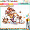 Autumn/Fall cute girl illustration splashing in puddles with dog and cat in basket, precoloured image and color clipart for card making craft, junk journals, digi scrapbooking, stationery and planner printables – vorgefärbte Clipart, voorgekleurde clipart