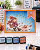 Autumn/Fall cute girl drawing walking a dog in falling leaves with cat in toadstool basket, black and white digital stamp for card making craft, coloring, junk journal images, digi scrapbooking and planner printables – digitale Stempel, digitale stempels