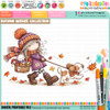 Autumn/Fall cute girl illustration walking a dog through colourful falling leaves with cat in toadstool basket, precoloured image and color clipart for card making craft, junk journals, digi scrapbooking, stationery and planner printables – vorgefärbte Clipart, voorgekleurde clipart