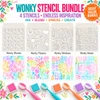 Wonky Stencils bundle - 4 card making and craft stencils.A great stencil bundle containing:Wonky Blooms,Wonky Flowers,Wonky Windows,Wonky Mosaic.These stencils are designed to give you a quirky feel to any craft project and are perfect for using with all your dimensional texture pastes and mediums. Inks, paints, chalks and pigments will all give an amazing look and finish with these fantastically different designs!