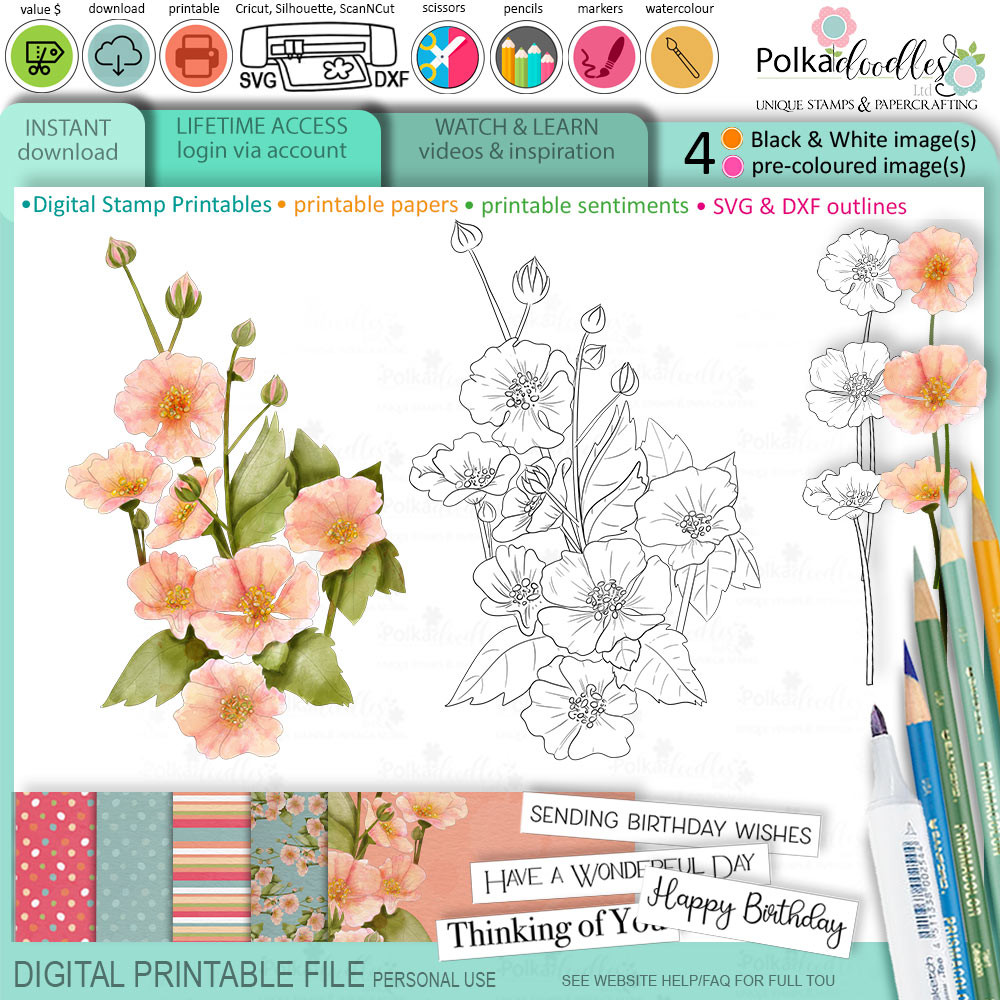 Watercolour Flower Stem printable craft digital stamp download SVG