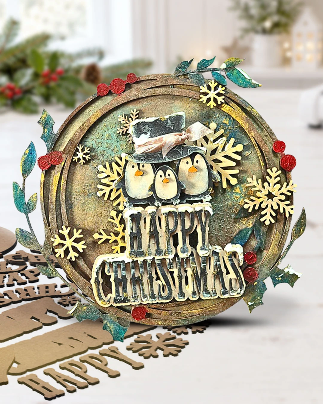 Winter Joy beautiful wreath with snowmen and penguins for decorating,  MDF wood blanks for crafts, home decor, craft fair sellers