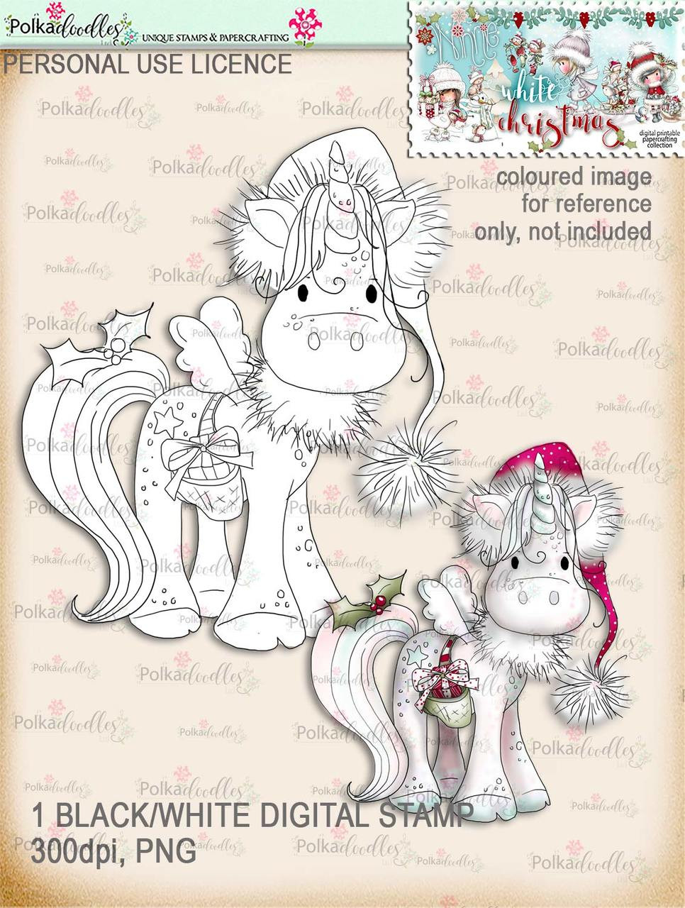Holly Sparkles Christmas Unicorn - Digital Stamp download - Winnie White Christmas printables