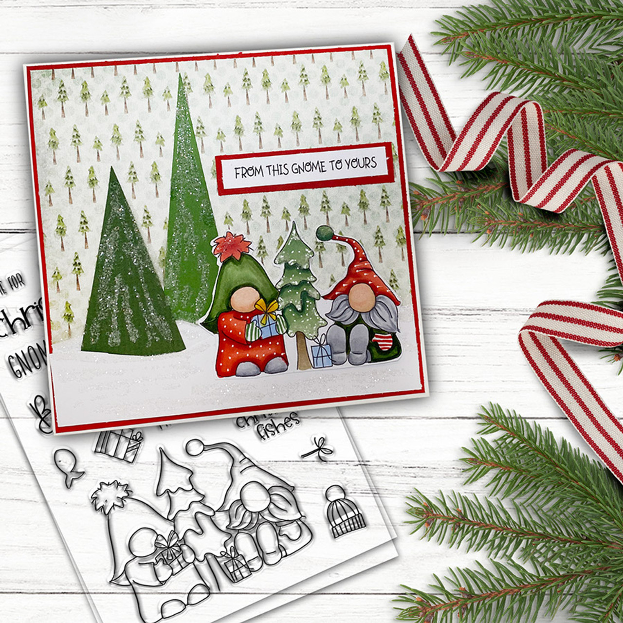 Christmas Clear Stamps for Card Making, Scarpbooking. Clear Stamp of Gnomes  and Christmas Sentiments. 