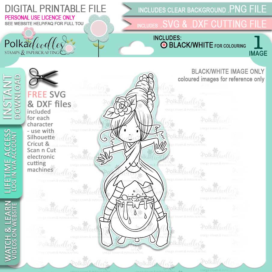 Willa Witch Halloween - printable digital stamp download with free SVG /DXF files